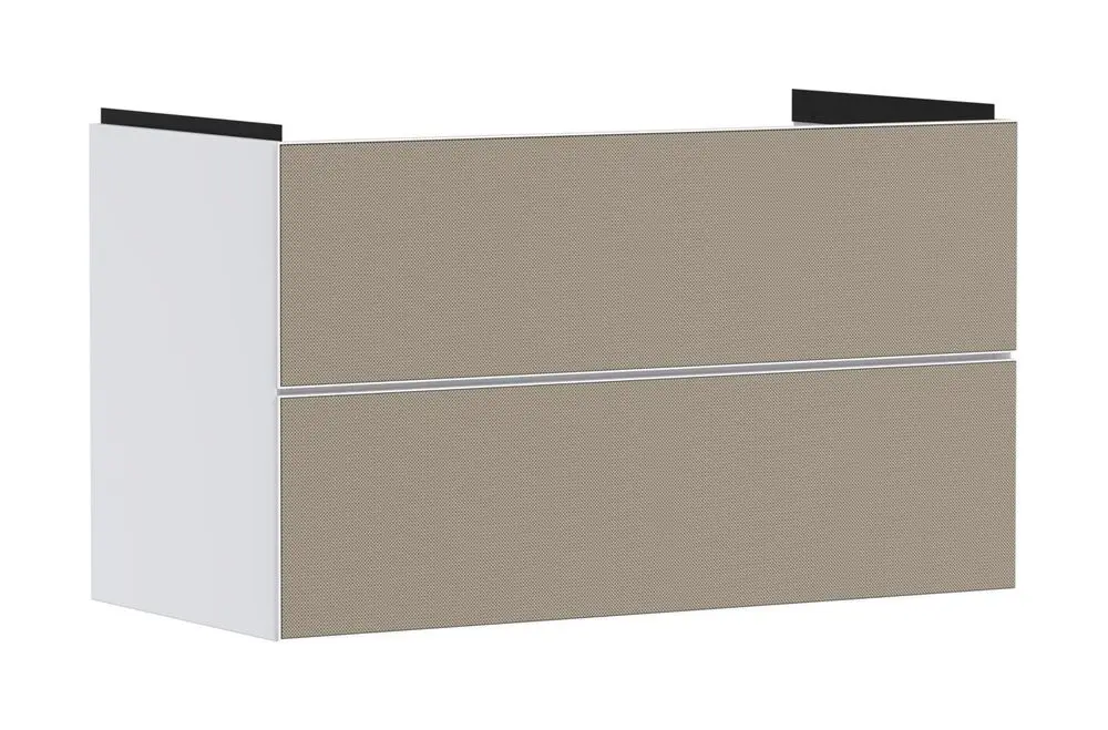 Waschtischunterschrank in Mattweiß mit zwei Schubkästen, ausgestattet für Waschtische. Marke Hansgrohe, schlichtes Design für Badezimmer.